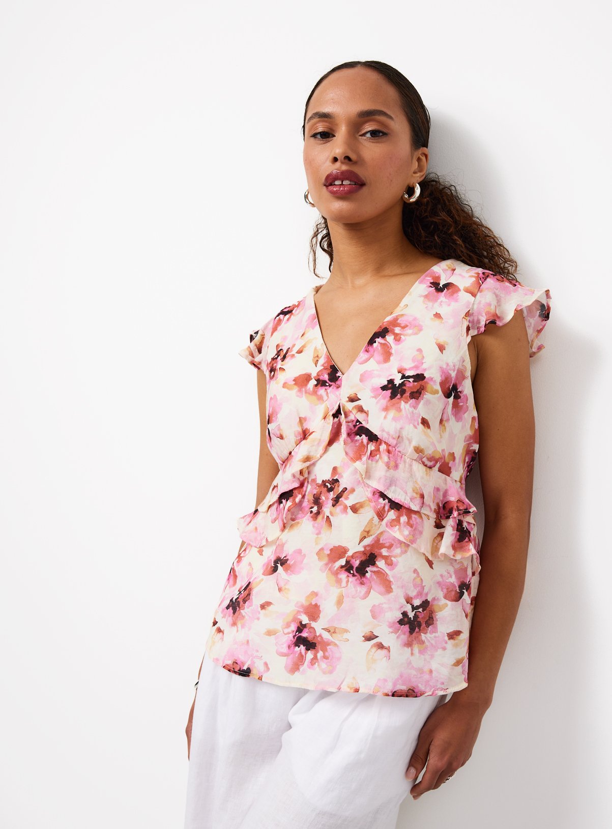 Pink Floral Print Ruffle Front Blouse 12 - Image 1 thumbnail